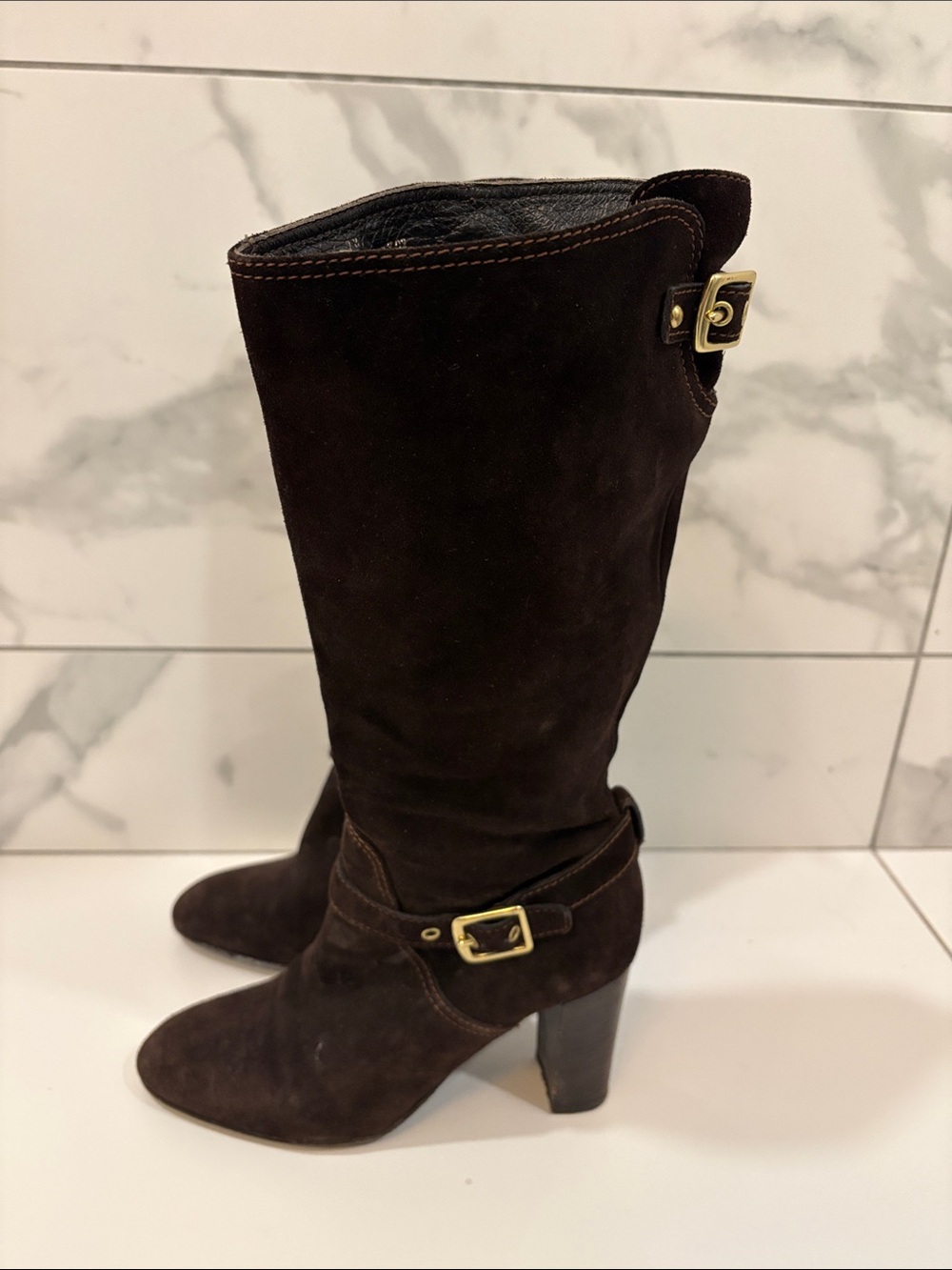 Coach Dark Brown Suede Knee-High Heeled Boots with Gold Buckles Size 7